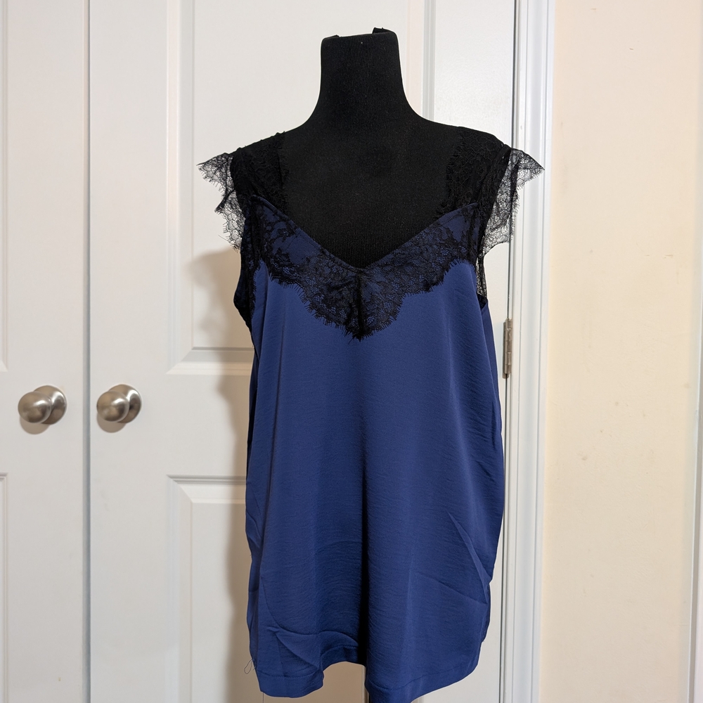 Blue and Black Lace Trim Sleeveless Top